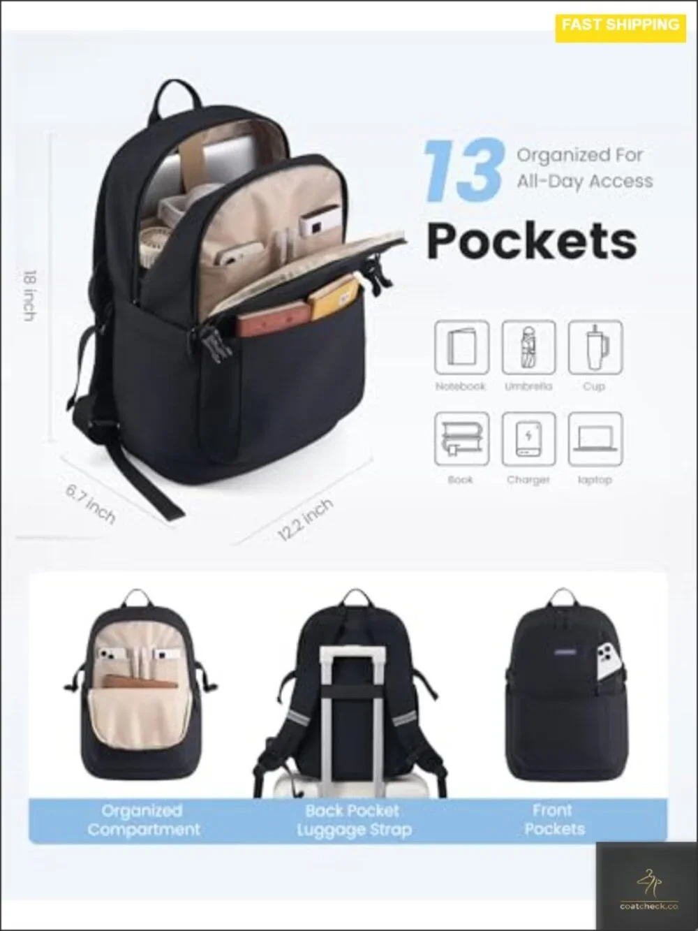 Large Laptop Backpack for College, 40oz Cup Holder, Padded 17.3